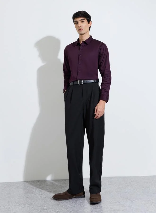 Styli Maroon Solid Long Sleeves Satin Slim Fit Shirt