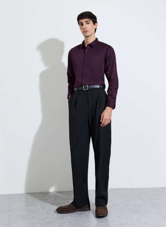 Styli Maroon Solid Long Sleeves Satin Slim Fit Shirt - Image 2
