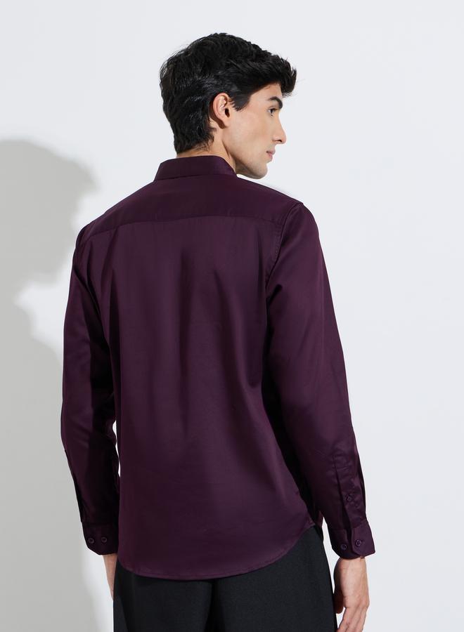 Styli Maroon Solid Long Sleeves Satin Slim Fit Shirt - Image 4