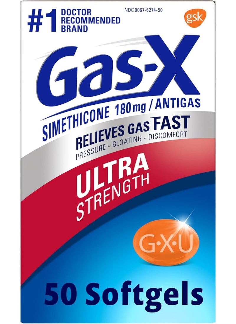 Gas-X Fast Gas Relief Ultra Strength Softgels - 50 Count - Relieves Gas Pressure, Bloating & Discomfort - Simethicone 180mg - Easy to Swallow - Doctor Recommended - Image 1