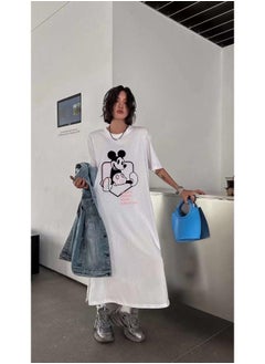 South Korea Dongdaemun Mickey Printed Short-sleeved T-shirt Dress Women's Chubby Girl Loose Over-knee Split Plus Size Dress Summer T