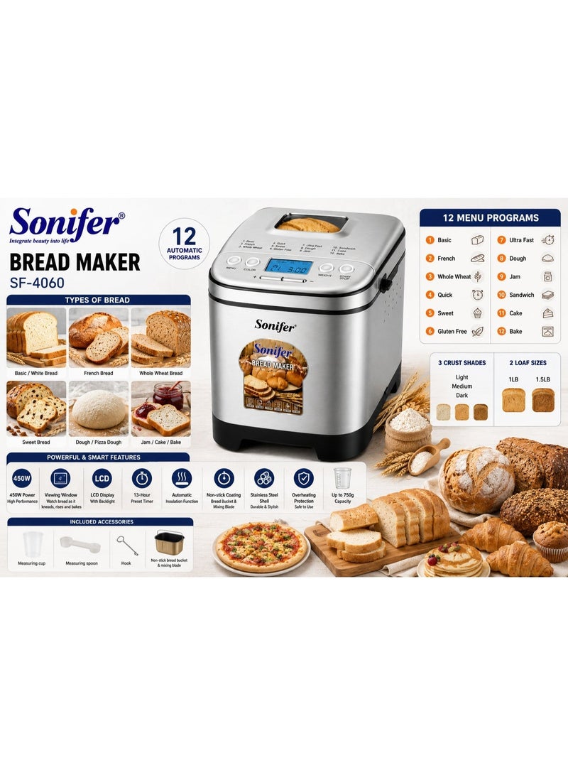 سونفير Sonifer SF-4060 ماكينة صنع الخبز الأوتوماتيكية 450 وات، 12 برنامج، سعة 750 جم، شاشة LCD، مؤقت 13 ساعة 450 W SF-4060 فضي / أسود - Image 2