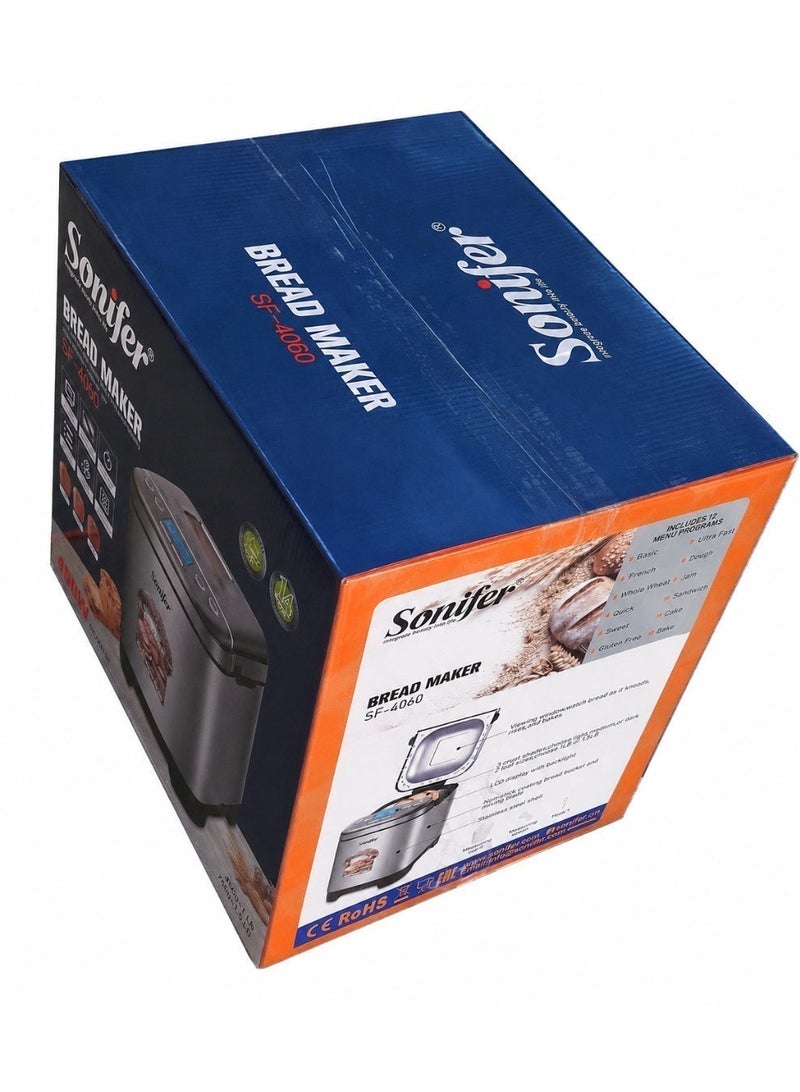 سونفير Sonifer SF-4060 ماكينة صنع الخبز الأوتوماتيكية 450 وات، 12 برنامج، سعة 750 جم، شاشة LCD، مؤقت 13 ساعة 450 W SF-4060 فضي / أسود - Image 5