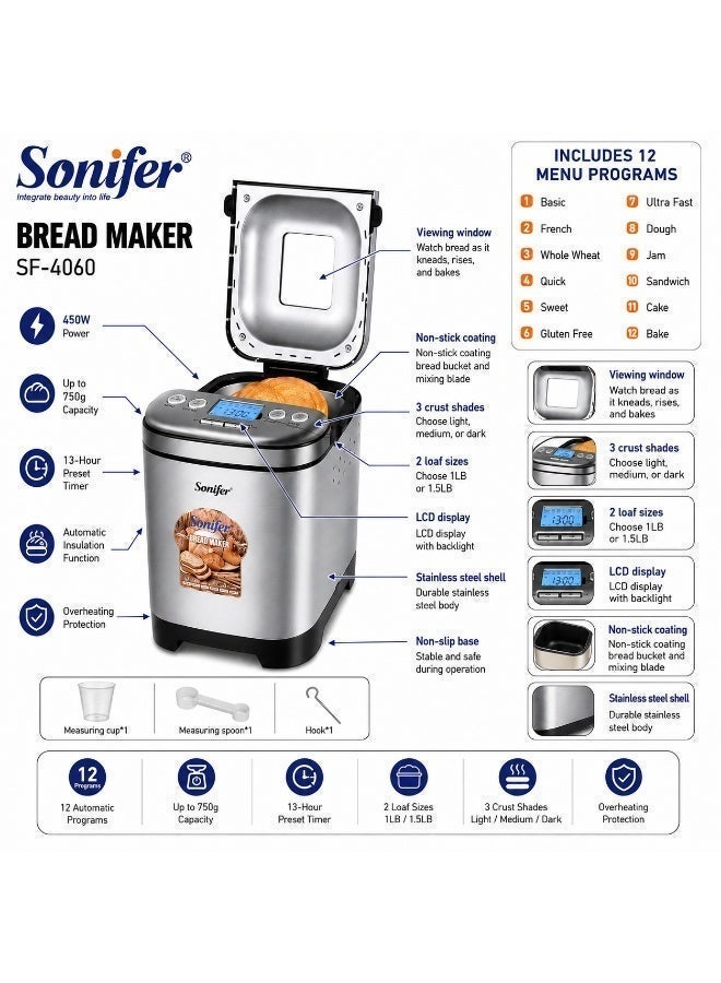 سونفير Sonifer SF-4060 ماكينة صنع الخبز الأوتوماتيكية 450 وات، 12 برنامج، سعة 750 جم، شاشة LCD، مؤقت 13 ساعة 450 W SF-4060 فضي / أسود - Image 3