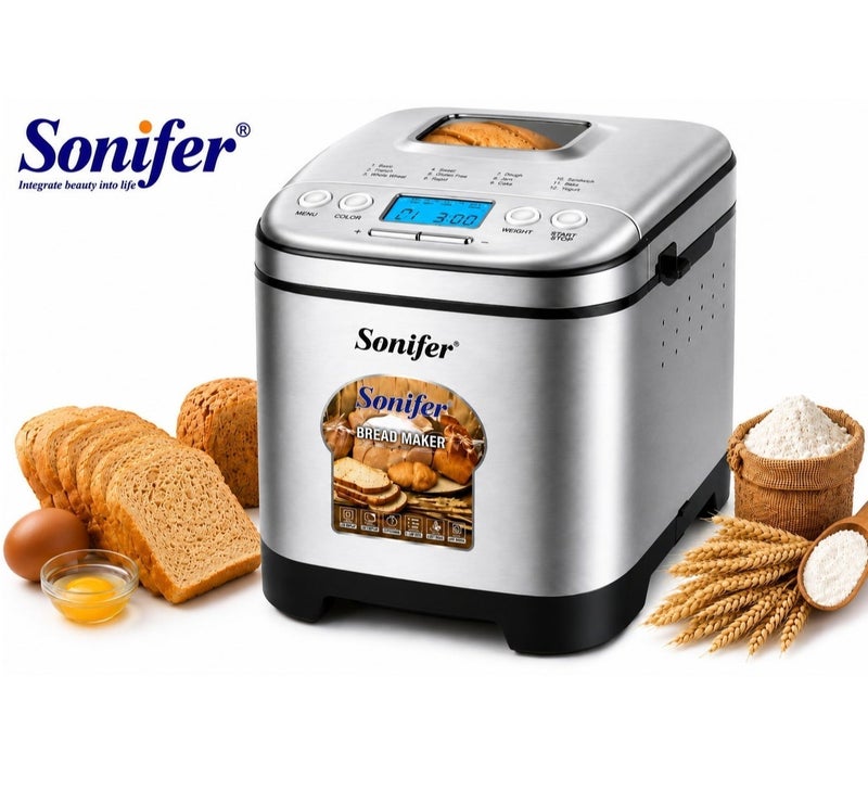سونفير Sonifer SF-4060 ماكينة صنع الخبز الأوتوماتيكية 450 وات، 12 برنامج، سعة 750 جم، شاشة LCD، مؤقت 13 ساعة 450 W SF-4060 فضي / أسود - Image 1