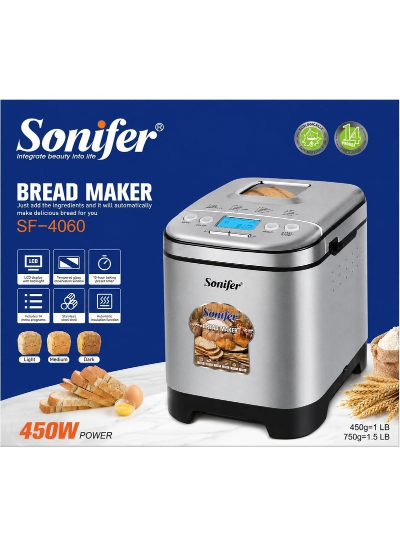 سونفير Sonifer SF-4060 ماكينة صنع الخبز الأوتوماتيكية 450 وات، 12 برنامج، سعة 750 جم، شاشة LCD، مؤقت 13 ساعة 450 W SF-4060 فضي / أسود - Image 4