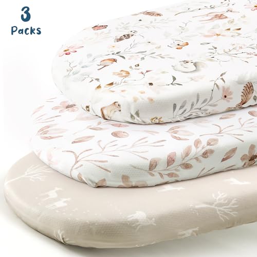 GRSSDER Stretchy Ultra Soft Fitted Bassinet Sheets 3 Pack, Universal Fit for Baby Cradle Moses Basket Oval Rectangle Mattress Safe and Snug, Beautiful Blush Pink Floral Bassinet Sheet for Girls - Image 2