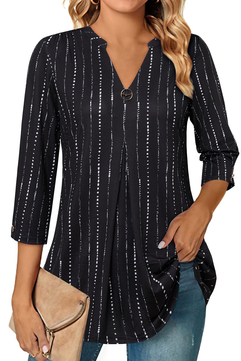 VALOLIA 3/4 Sleeve Tops for Women: Womens Tops Blouses Summer Tops 2025 Tunic Tops Modlily Tops for Women Tummy Coverage Black Stripe Large - Image 1