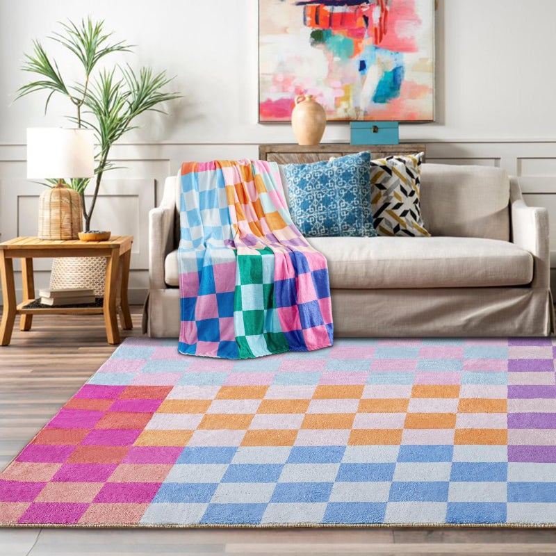RoomTalks Multicolored Checkerboard Washable Rug 4x6 Ultra Thin Retro Funky Aesthetic Cute Area Rugs for Living Dining Room Bedroom Kitchen Office Entryway Dorm, Colorful Checkered Modern Geometric Carpet - Image 3