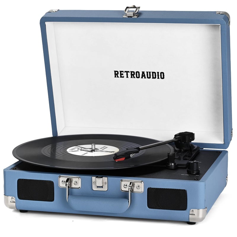 RetroAudio Vinyl Record Player Bluetooth Vintage Portable Suitcase Turntable with Built-in Speakers 3-Speed Belt-Driven Record Player Support RCA Output and Headphone Output - Image 1