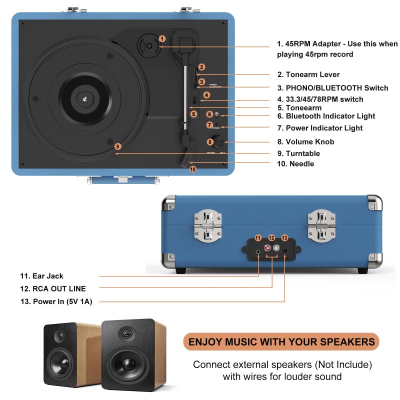 RetroAudio Vinyl Record Player Bluetooth Vintage Portable Suitcase Turntable with Built-in Speakers 3-Speed Belt-Driven Record Player Support RCA Output and Headphone Output - Image 5