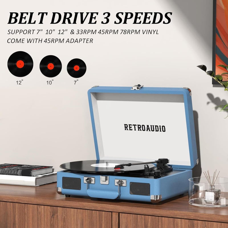 RetroAudio Vinyl Record Player Bluetooth Vintage Portable Suitcase Turntable with Built-in Speakers 3-Speed Belt-Driven Record Player Support RCA Output and Headphone Output - Image 4