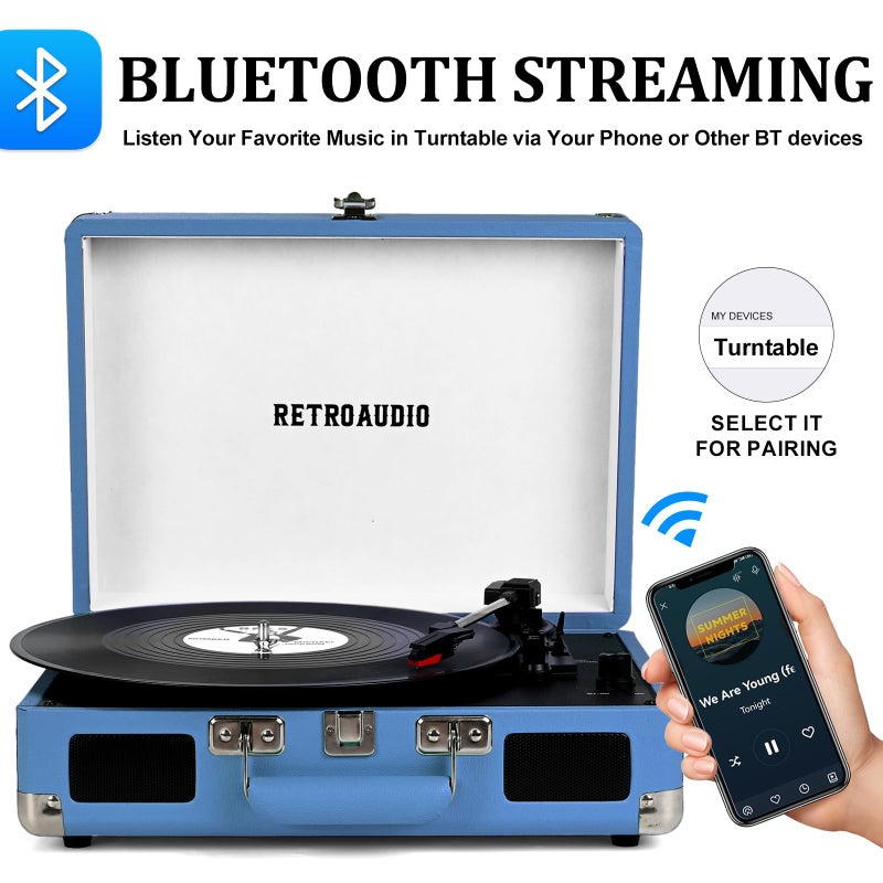 RetroAudio Vinyl Record Player Bluetooth Vintage Portable Suitcase Turntable with Built-in Speakers 3-Speed Belt-Driven Record Player Support RCA Output and Headphone Output - Image 2