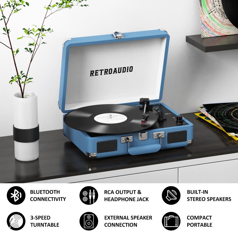 RetroAudio Vinyl Record Player Bluetooth Vintage Portable Suitcase Turntable with Built-in Speakers 3-Speed Belt-Driven Record Player Support RCA Output and Headphone Output - Image 3