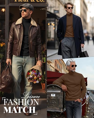 Ficerd 2 Pack Mens Turtle Neck Shirts Lightweight Cotton Pullover Sweater Slim Fit Mock Turtleneck Knitted Long Sleeve Tops Black BrownXLarge - Image 3