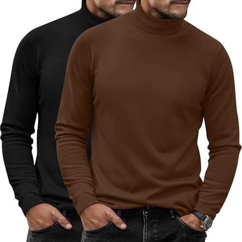 Ficerd 2 Pack Mens Turtle Neck Shirts Lightweight Cotton Pullover Sweater Slim Fit Mock Turtleneck Knitted Long Sleeve Tops Black BrownXLarge - Image 1