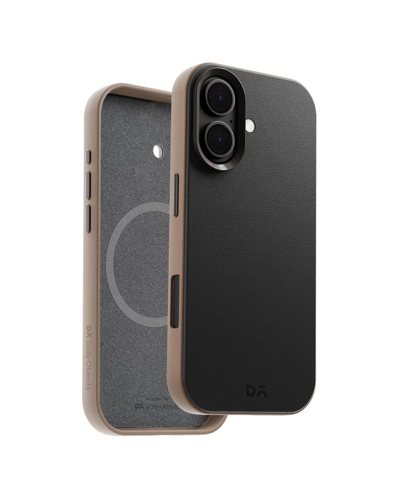 DailyObjects Leatherite Case for iPhone 16 Compatible with Mag-Safe Wireless Charging | Black-Beige Hybrid Magnetic Back Cover - Image 3