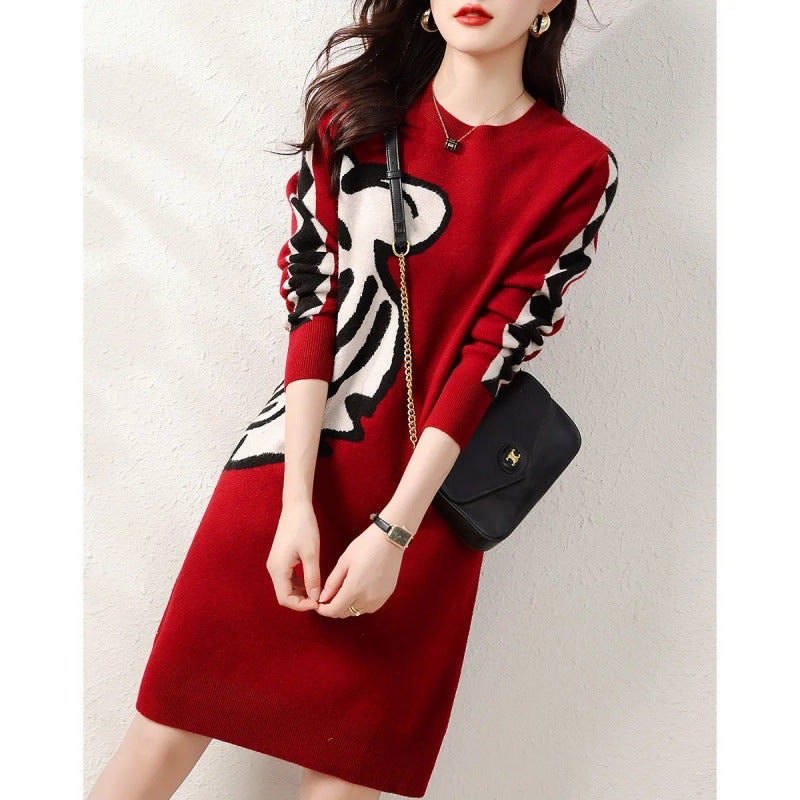 Autumn/winter Stylish Color Block Pullover Red Sweater Dress Womens Loose-fit Slimming Inner Knit Dress Design Sensibility Red 