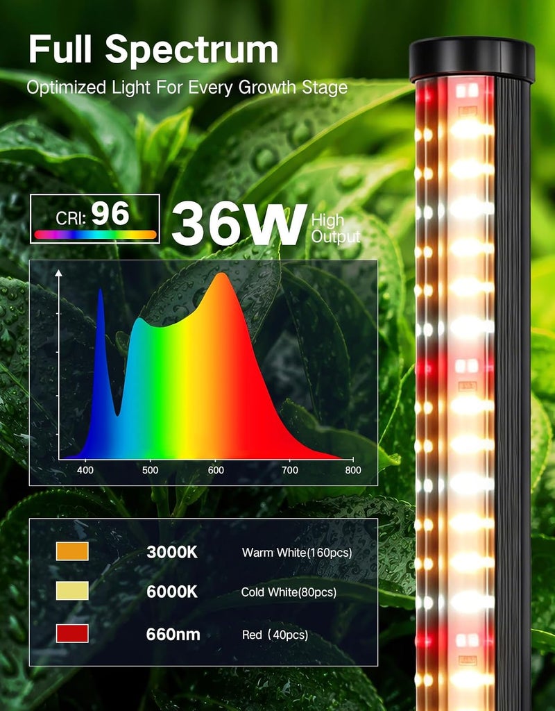 OUTON 160cm Vertical Grow Light for Indoor Plants, 36W, 210 LEDs Full Spectrum Standing Plant Lights with Timer & 10 Level Dimmable Adjustable Height Plant Growing Lamp for Greenhouses, Indoor Gardens - Image 2