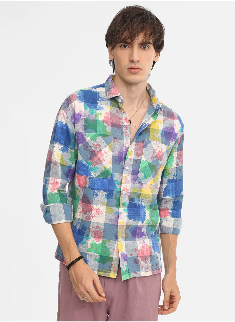 Campus Sutra Men's Multicolour Splash Check Oversized Shirt