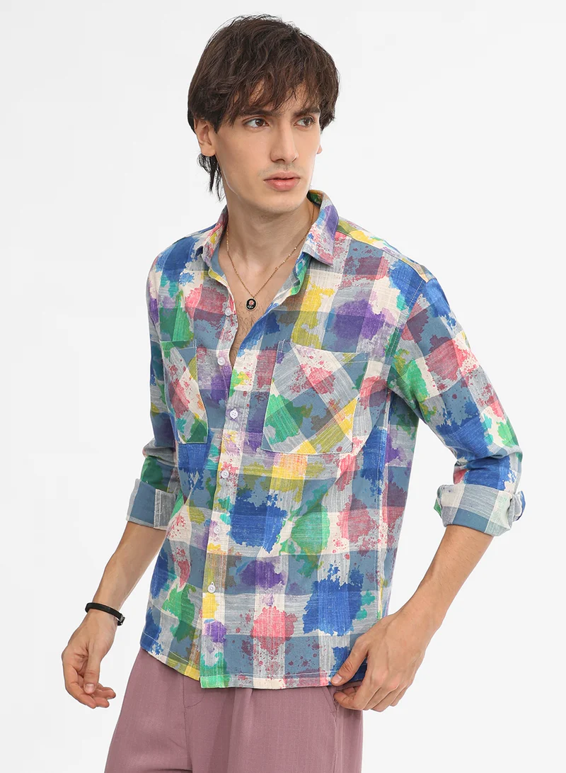 Campus Sutra Men's Multicolour Splash Check Oversized Shirt