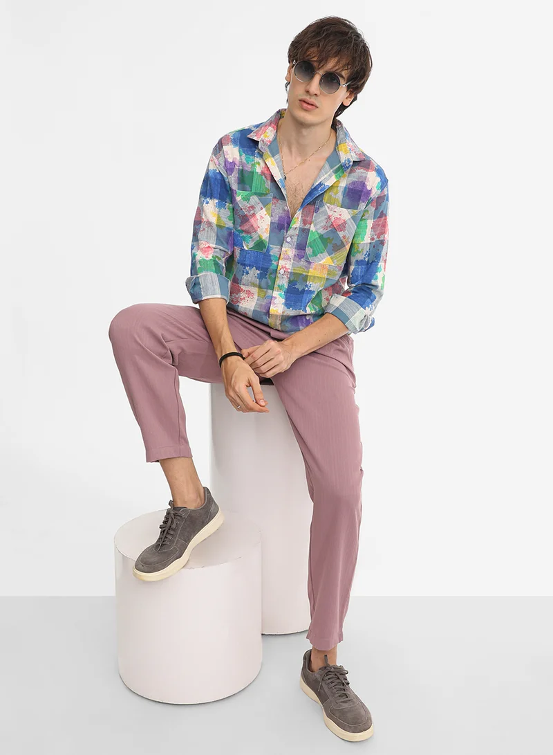 Campus Sutra Men's Multicolour Splash Check Oversized Shirt