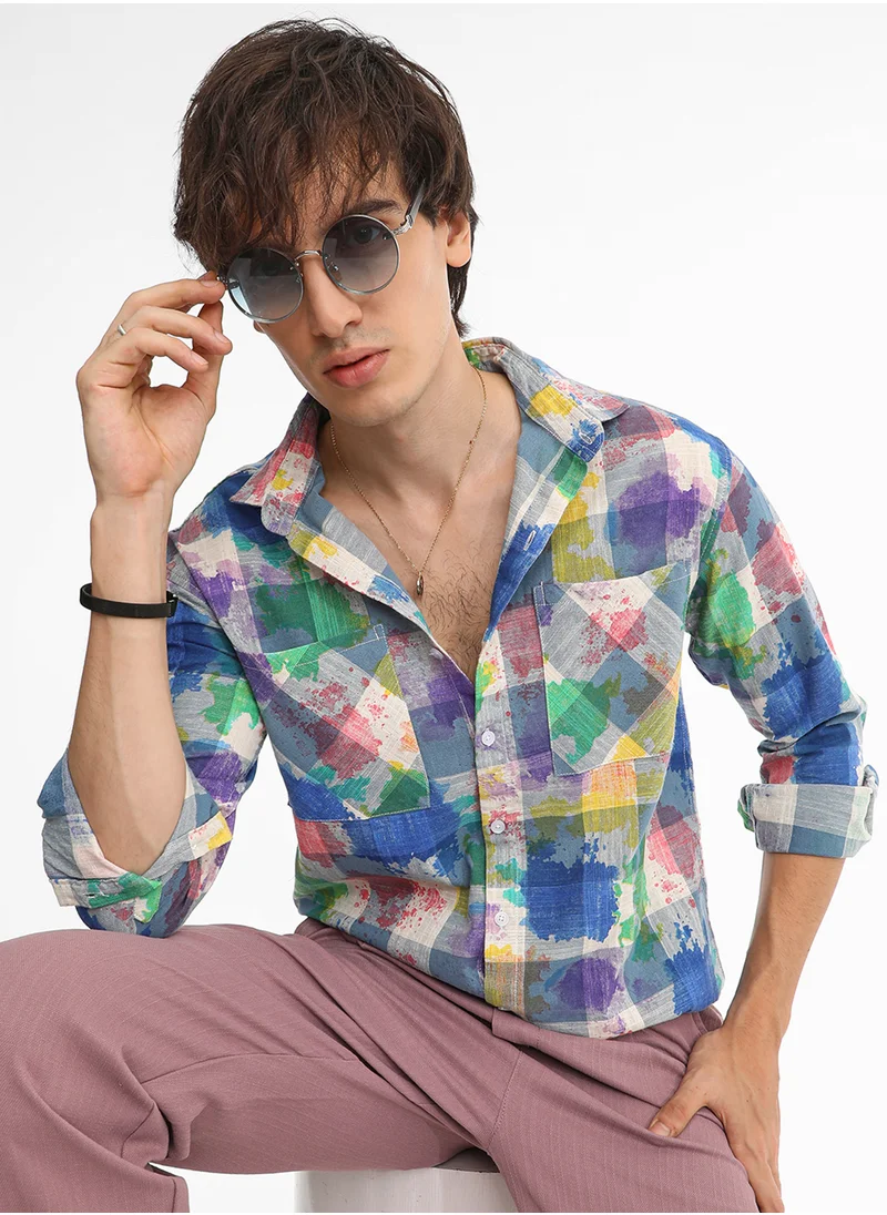 كامبوس سوترا Men's Multicolour Splash Check Oversized Shirt