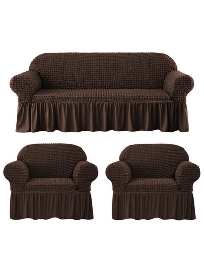 Lukzer 320 GSM Stretchable 5 Seater Turkish Sofa Cover Universal Couch Protector Bubble Fabric with Frill Universal Big Elasticity Slipcover (Coffee Brown/SC-097-05) - Image 1