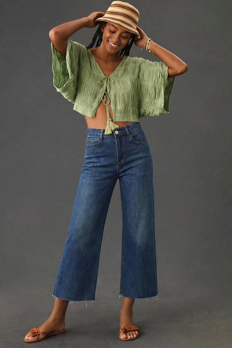 Allimy Women's High Waisted Straight Leg Ankle Length Wide Leg Ripped Jeans Frayed Hem Stretchy Cropped Capri Denim Pants Dark Wash Blue Size 4 - Image 2