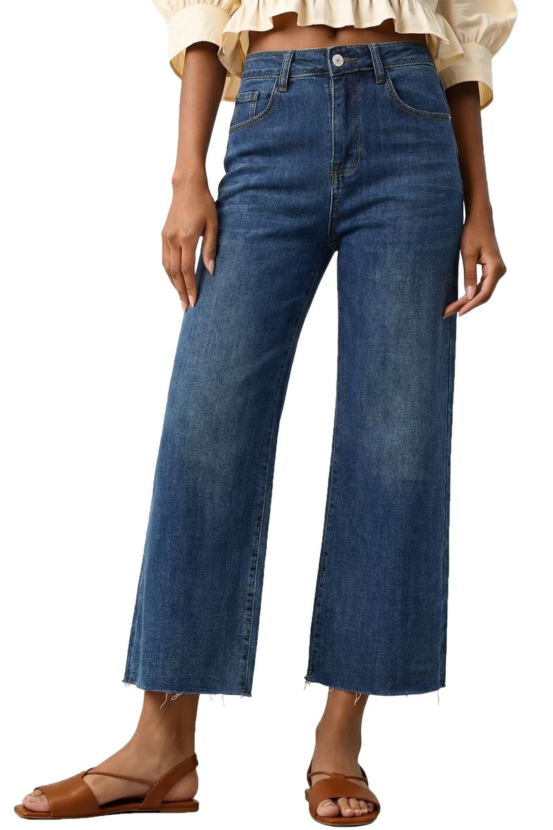 Allimy Women's High Waisted Straight Leg Ankle Length Wide Leg Ripped Jeans Frayed Hem Stretchy Cropped Capri Denim Pants Dark Wash Blue Size 4 - Image 1