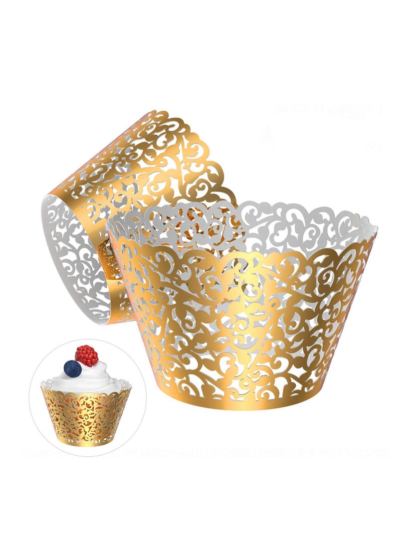 Cupcake Wrappers, 50 Pcs Pearl Lace Filigree Wedding Cupcake Wrapper Baking Cake Cups Wraps Party Decoration Laser Cut (Gold)