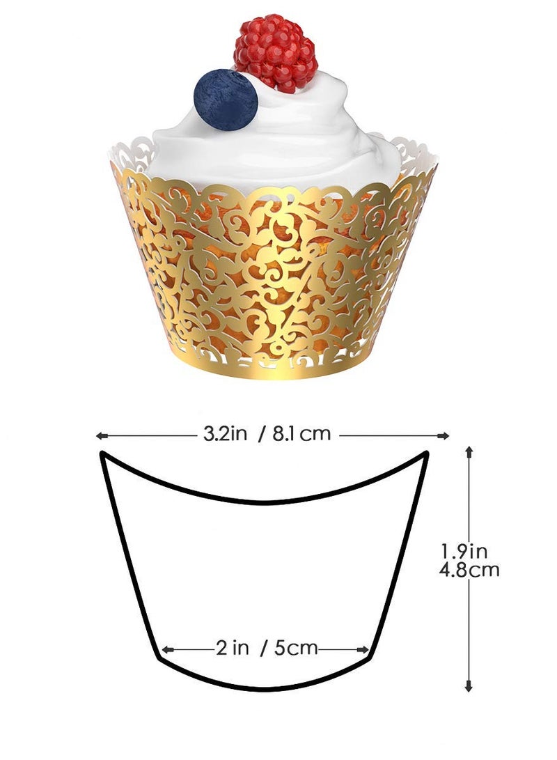 Cupcake Wrappers, 50 Pcs Pearl Lace Filigree Wedding Cupcake Wrapper Baking Cake Cups Wraps Party Decoration Laser Cut (Gold)