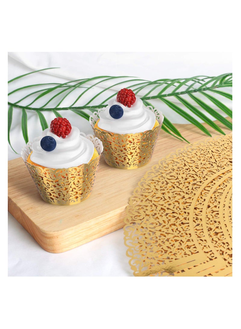 Cupcake Wrappers, 50 Pcs Pearl Lace Filigree Wedding Cupcake Wrapper Baking Cake Cups Wraps Party Decoration Laser Cut (Gold)
