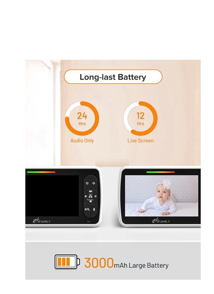 iFamily - Baby Monitor - 5” Large Display Video Baby Monitor with Remote Pan-Tilt-Zoom |Infrared Night Vision, Temperature Display, Lullaby, Two Way Audio |960ft Range Baby Monitor with Camera and Audio - Image 1