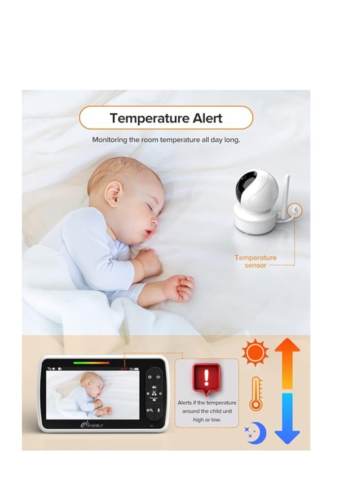iFamily - Baby Monitor - 5” Large Display Video Baby Monitor with Remote Pan-Tilt-Zoom |Infrared Night Vision, Temperature Display, Lullaby, Two Way Audio |960ft Range Baby Monitor with Camera and Audio - Image 1