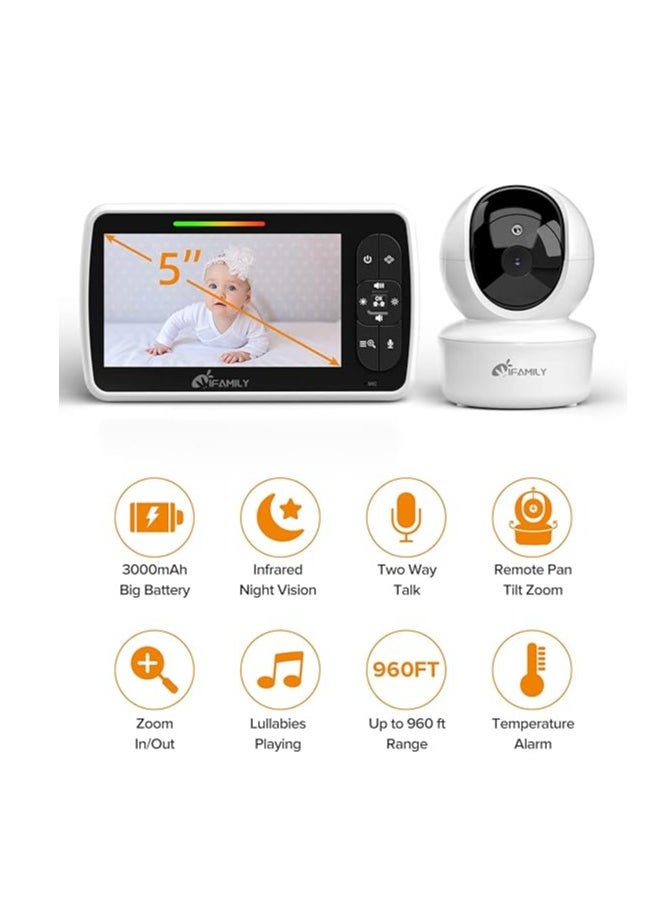 iFamily - Baby Monitor - 5” Large Display Video Baby Monitor with Remote Pan-Tilt-Zoom |Infrared Night Vision, Temperature Display, Lullaby, Two Way Audio |960ft Range Baby Monitor with Camera and Audio - Image 1