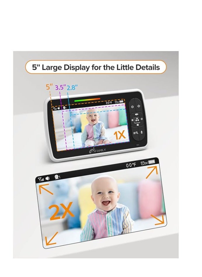 iFamily - Baby Monitor - 5” Large Display Video Baby Monitor with Remote Pan-Tilt-Zoom |Infrared Night Vision, Temperature Display, Lullaby, Two Way Audio |960ft Range Baby Monitor with Camera and Audio - Image 1
