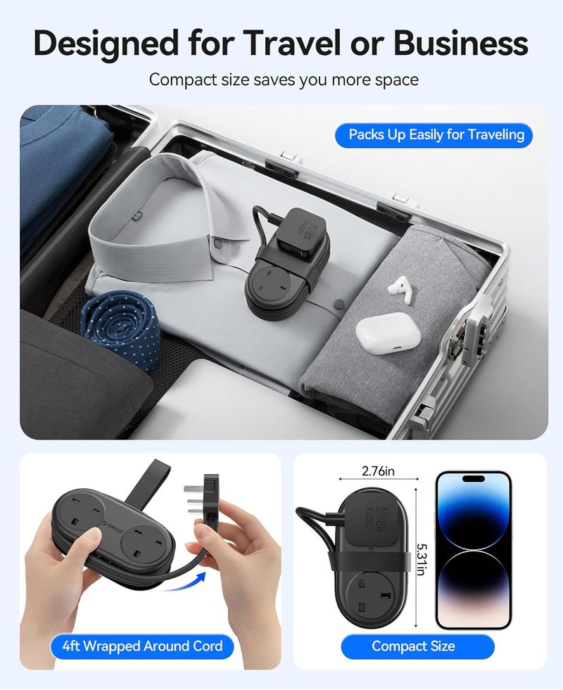 Orico Travel Power Strip, 2 Outlets 3 USB Ports (1 USB C), 3250W 13A, Compact and Rollable Extension Cord for Hotel Travel Essentials Cruise Approved Power Strip-AP3 Black - Image 2