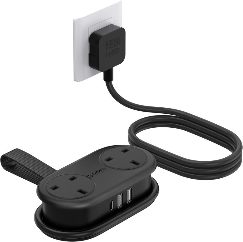 Orico Travel Power Strip, 2 Outlets 3 USB Ports (1 USB C), 3250W 13A, Compact and Rollable Extension Cord for Hotel Travel Essentials Cruise Approved Power Strip-AP3 Black - Image 1