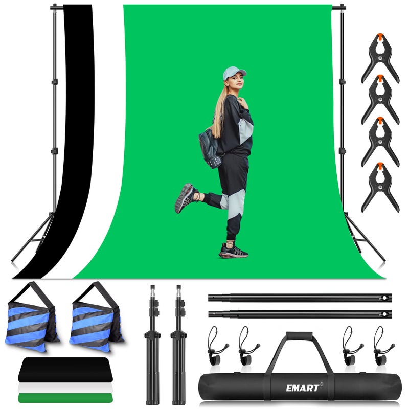 EMART Photo Video Studio Backdrop Stand Kit 710ft Adjustable Photography Support System with Polyester BackgroundBlackWhiteGreen Screen Spring Clamps and Carry Bag for Photoshoot