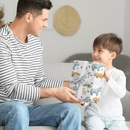 SaringSwoon White Animals Wrapping Paper for Kids - Jungle Safari Gift Wrap With Cute Tiger, Zebra, Rhino, Monkey, Crocodile Design for Kids’ Birthday, Baby Shower - 28×40 Inches, 4 Folded Sheets - Image 3
