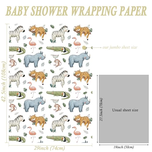 SaringSwoon White Animals Wrapping Paper for Kids - Jungle Safari Gift Wrap With Cute Tiger, Zebra, Rhino, Monkey, Crocodile Design for Kids’ Birthday, Baby Shower - 28×40 Inches, 4 Folded Sheets - Image 4