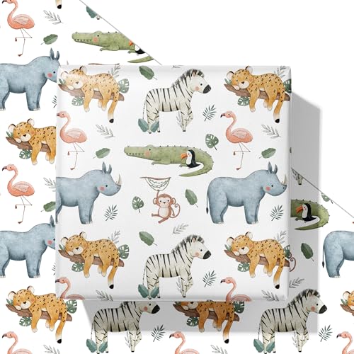 SaringSwoon White Animals Wrapping Paper for Kids - Jungle Safari Gift Wrap With Cute Tiger, Zebra, Rhino, Monkey, Crocodile Design for Kids’ Birthday, Baby Shower - 28×40 Inches, 4 Folded Sheets - Image 1
