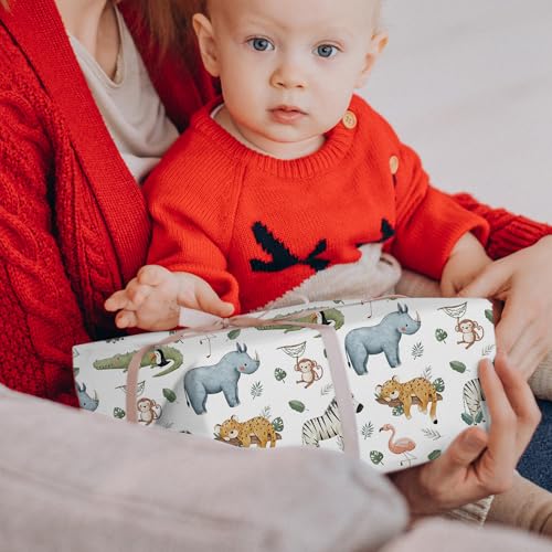 SaringSwoon White Animals Wrapping Paper for Kids - Jungle Safari Gift Wrap With Cute Tiger, Zebra, Rhino, Monkey, Crocodile Design for Kids’ Birthday, Baby Shower - 28×40 Inches, 4 Folded Sheets - Image 2