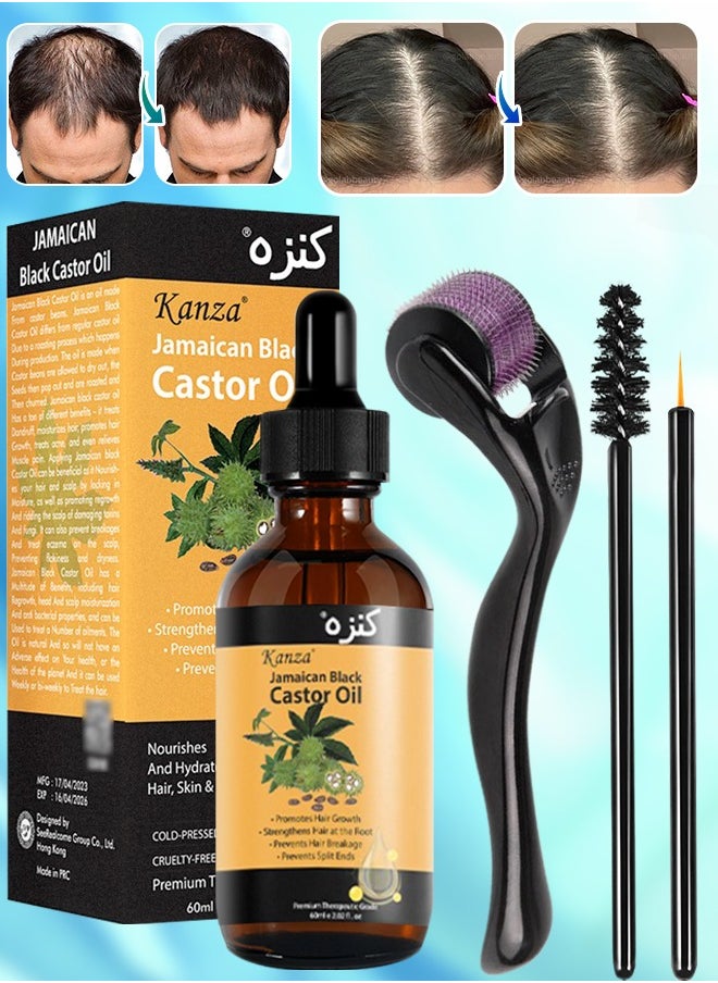 Kanza 60ml Jamaican Black Castor Oil with Roller for Hair 100% Pure Cold Pressed Stimulate Growth for Hair Eyelashes Eyebrows Nails Skin Moisturizer Hair Oil and Body Oil Moisturizing Massage Oil  - Image 1