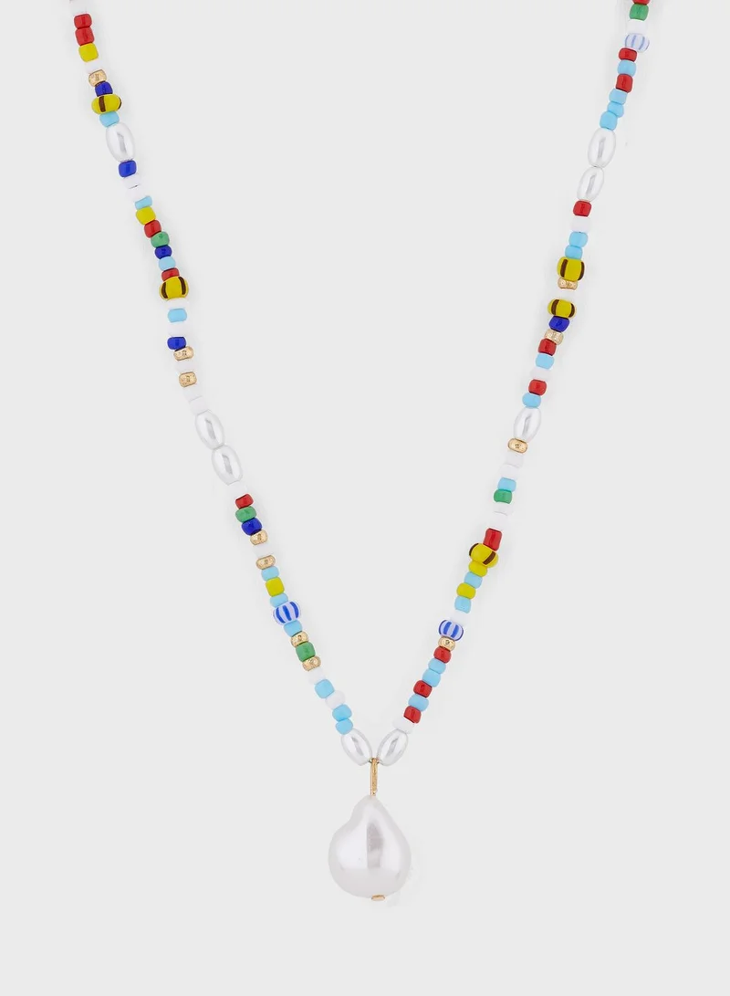 Ginger Layered Beaded Pearl Pendant Necklace