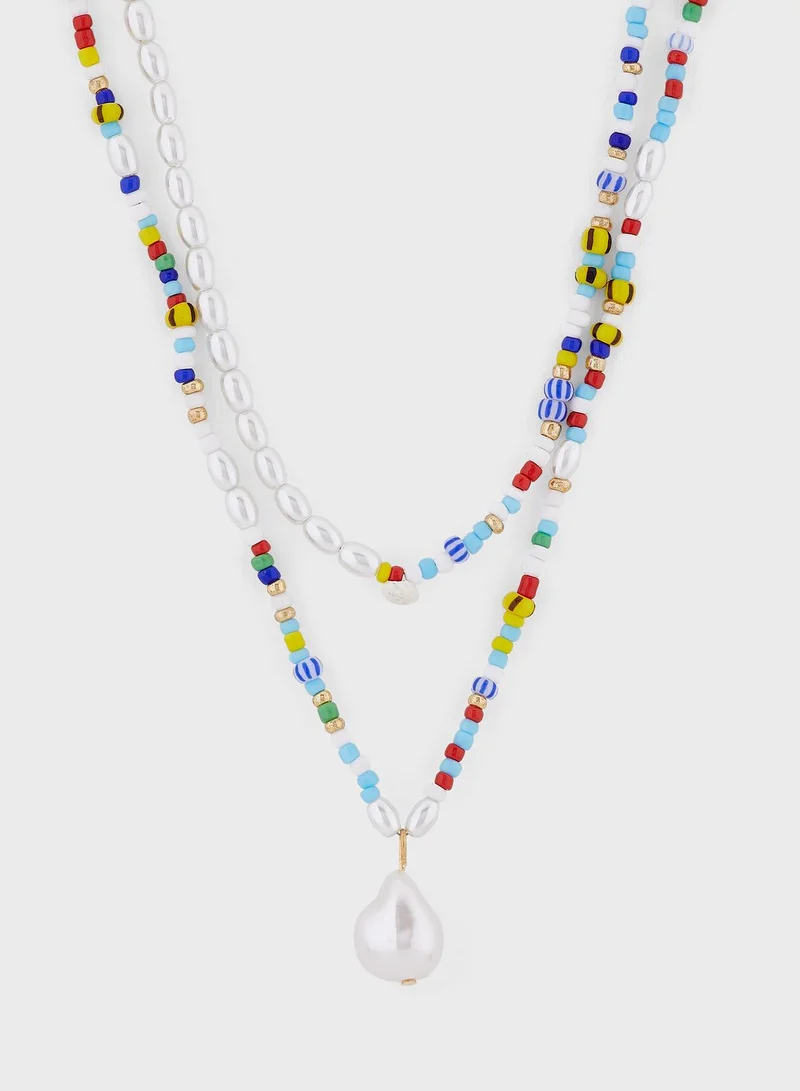 Ginger Layered Beaded Pearl Pendant Necklace
