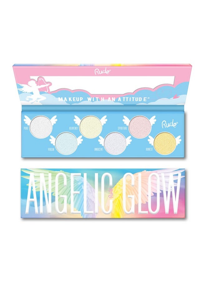 Rude - Cosmetics ; Angelic Glow Highlighter And Eyeshadow Palette ; Highlighter Makeup And Shimmer Eyeshadow Makeup Palette ; 6 Angeliclike Makeup Pigments With Mirror - Image 1