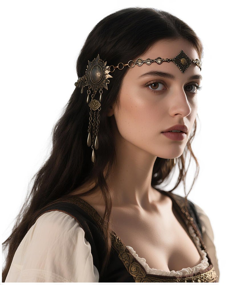 L'VOW Norse Valkyrie Gold Headband Gypsy Headpiece Vintage Head Chain Hair Accessory for LARP Renaissance Wedding, Bronze - Image 1