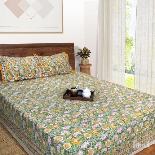 TOAI Hand Block Printed Bedsheet | Bed Spread Flatsheet Bed Sheet | Pure Cotton | Queen Size 90"x108" | 210 TC Long Staple Cotton | 2 Reversible Pillow Covers |Yellow Pink Florals on Green - Image 1